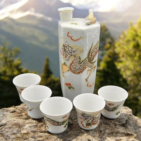 Moriage Dragonware Saki Service 6pcs Whistling Lithophane White Gold Brown VTG - Picture 1 of 11